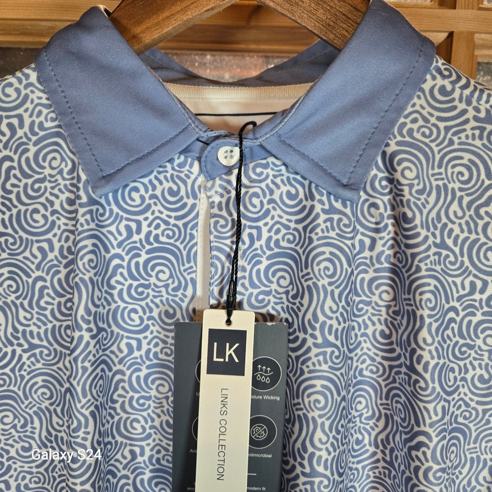 Boston Scott Collection Mens Blue Swirl Print Performance Golf Polo Shirt L
